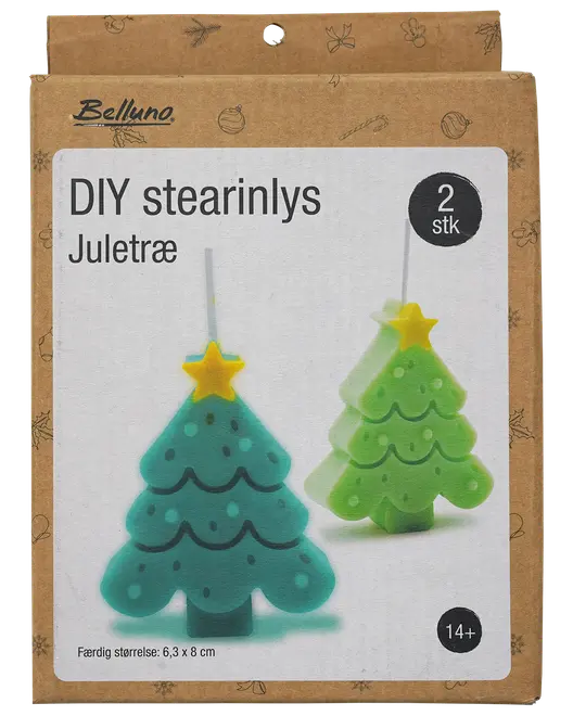 DIY-ljusset för att göra två julgransformade ljus med gula stjärnor. Färdig storlek: 6,3 x 8 cm. För åldrar 14+.
