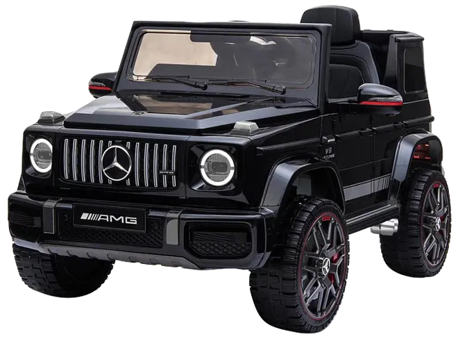 Sort Mercedes-Benz AMG G-Klasse elbil til børn med realistiske detaljer, LED-forlygter, kromgrill, detaljerede hjul, åbent tag og sidespejle. Batteridrevet, egnet til børn.