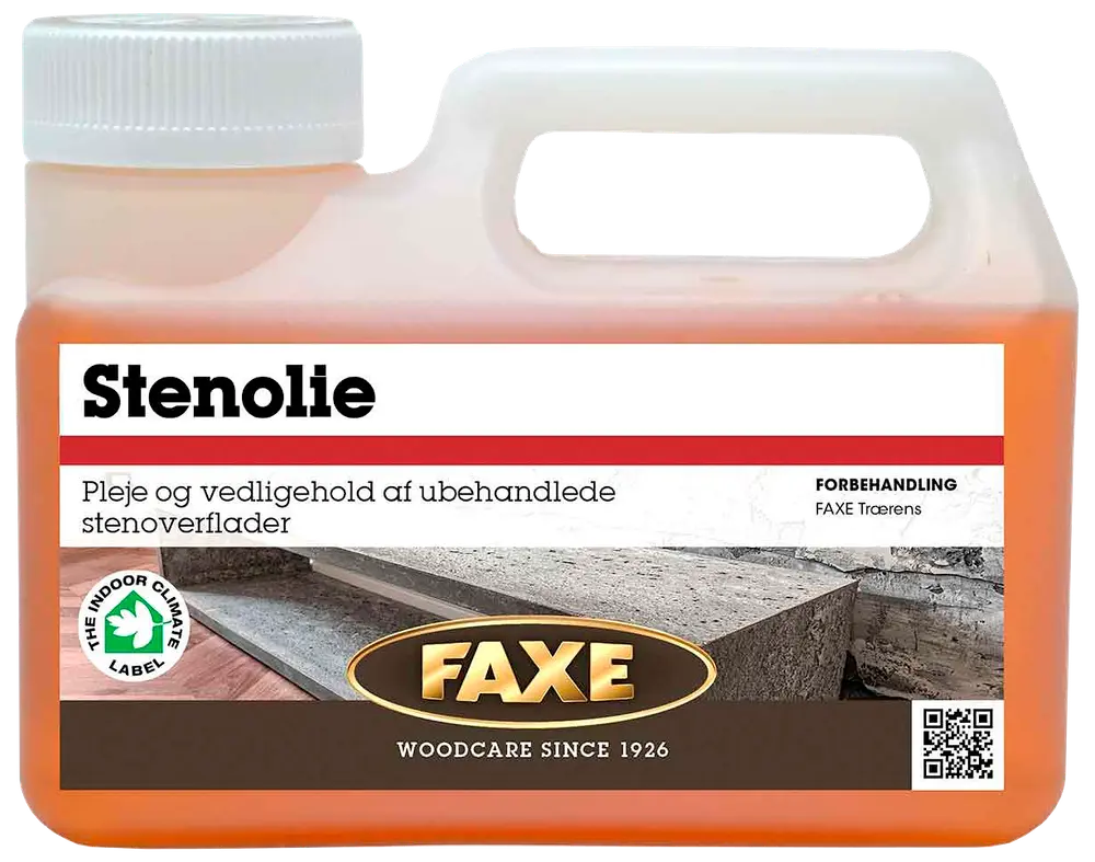 Plastflaske med FAXE Stenolie til pleje og vedligehold af ubehandlede stenoverflader, med skruelåg og hank, mærket til indendørs brug og produktinformation på dansk.