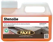Plastflaske med FAXE Stenolie til pleje og vedligehold af ubehandlede stenoverflader, med skruelåg og hank, mærket til indendørs brug og produktinformation på dansk.