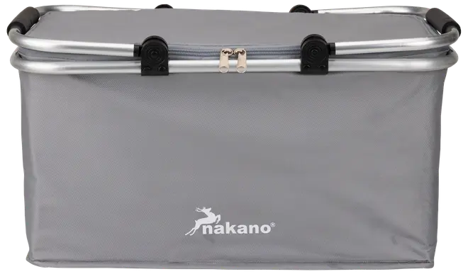 Rektangulær grå stofindkøbskurv med robust aluminiumsramme, lynlåslåg og Nakano-logo. Har sorte plastikhjørner og håndtag. Rummelig og let konstruktion.