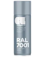 Cosmoslac RAL 7001 sølvgrå premium akryl spraymaling, 400 ml dåse. Mat finish, velegnet til forskellige overflader. Nem aerosol til jævn påføring.