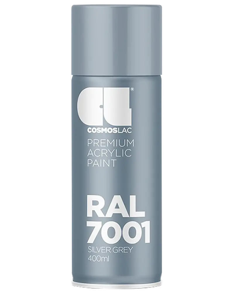 Cosmoslac RAL 7001 sølvgrå premium akryl spraymaling, 400 ml dåse. Mat finish, velegnet til forskellige overflader. Nem aerosol til jævn påføring.