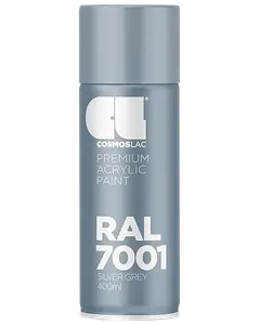Cosmoslac RAL 7001 sølvgrå premium akryl spraymaling, 400 ml dåse. Mat finish, velegnet til forskellige overflader. Nem aerosol til jævn påføring.