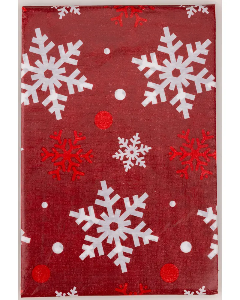 Rött presentpapper med stora vita och röda snöflingor samt prickar. Festlig design för jul- eller vinterklappar. Slät, blank yta ger ett elegant intryck.