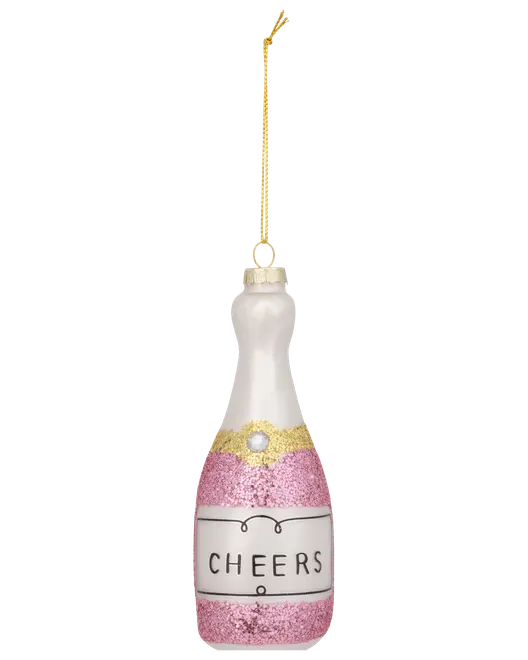 Lyserød glimmer champagneflaske ornament med gulddetaljer, hvidt mærkat med teksten 'CHEERS' og guldfarvet ophængssnor. Festlig dekoration til fejringer eller juletræ.