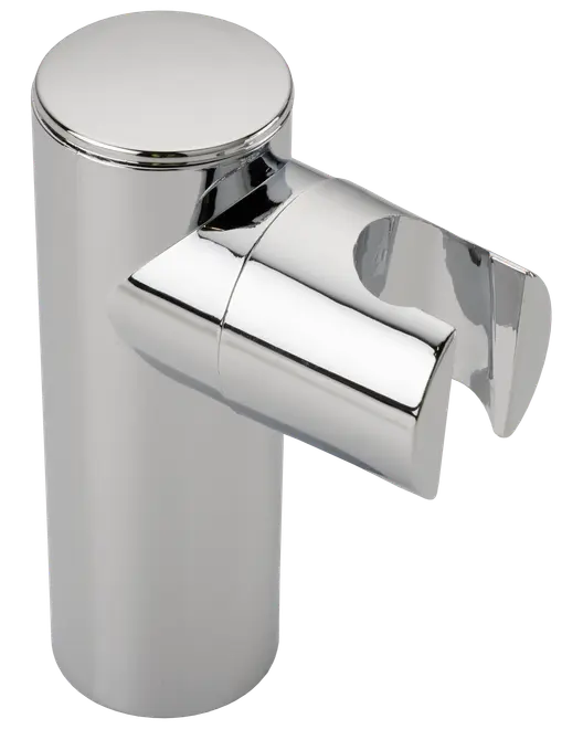 Moderne krom badeværelsesarmatur med cylindrisk base og kort, vinklet tud. Elegant, minimalistisk design med blank finish, velegnet til moderne håndvaske eller vaskeborde.