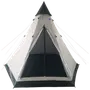 Pyramideformet telt med central stang, beige og sort stof, lynlåsdør med netpanel for ventilation og forstærkede hjørner. Velegnet til camping og udendørs brug.