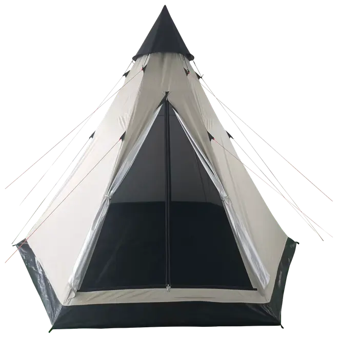 Pyramideformet telt med central stang, beige og sort stof, lynlåsdør med netpanel for ventilation og forstærkede hjørner. Velegnet til camping og udendørs brug.