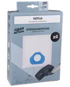 Pakke med fire Clean Action støvsugerposer til Nilfisk. Blå og hvid emballage med billede af støvsugerpose og støvsuger. Passer til udvalgte modeller.