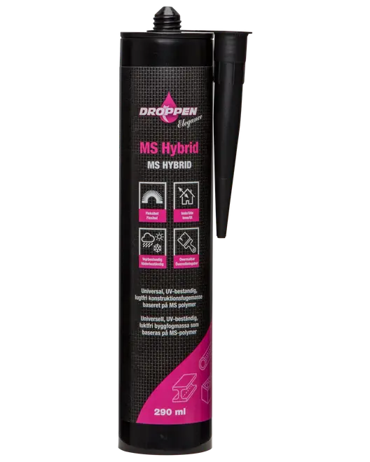 Droppen Elegance MS Hybrid fugemasse, 290 ml tube, universel UV-resistent konstruktionslim baseret på MS-polymer, egnet til forskellige overflader, inkluderer dyse for præcis påføring.