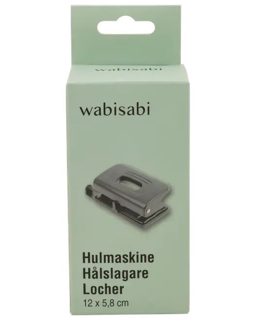 Metallisk hålslagare, kompakt storlek 12 x 5,8 cm, för papper. Levereras i ljusgrön ask med produktbild och flerspråkig märkning.