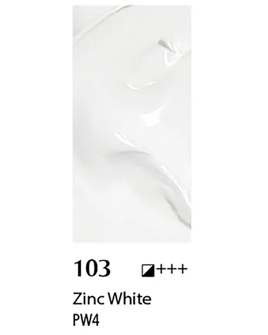 Hvid malingfarveprøve mærket 103 Zinc White PW4 på et prøvekort.