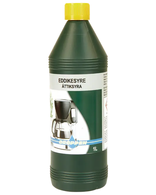 Grøn plastflaske med gul låg, mærket "Eddikesyre" (eddikesyre), 1 liter. Anvendes til rengøring, især afkalkning af kaffemaskiner. Produktbillede viser kaffemaskine.
