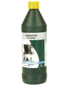 Grøn plastflaske med gul låg, mærket "Eddikesyre" (eddikesyre), 1 liter. Anvendes til rengøring, især afkalkning af kaffemaskiner. Produktbillede viser kaffemaskine.