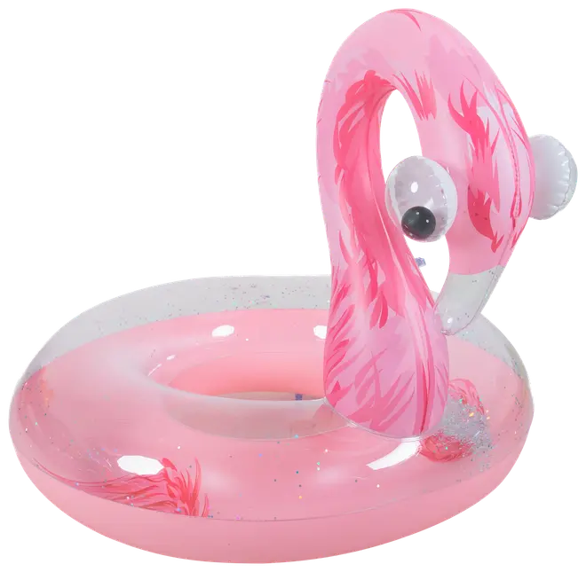 Pink oppustelig badering formet som en flamingo med stor rund base, opretstående hals og detaljerede øjne. Fremstillet af holdbart plastik, egnet til børn og voksne.