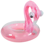 Pink oppustelig badering formet som en flamingo med stor rund base, opretstående hals og detaljerede øjne. Fremstillet af holdbart plastik, egnet til børn og voksne.