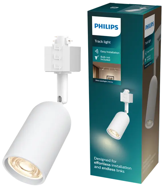 Philips hvidt skinnelys spot, cylindrisk design, nem installation, pære medfølger ikke. Velegnet til moderne interiør, vist med emballage.