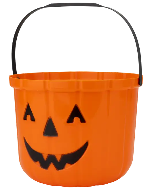 Orange plasthink formad som en pumpa med svart jack-o'-lantern-ansikte och svart handtag, perfekt för Halloween-godis. Lätt och återanvändbar.