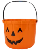 Orange plasthink formad som en pumpa med svart jack-o'-lantern-ansikte och svart handtag, perfekt för Halloween-godis. Lätt och återanvändbar.