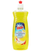 Gul flaske med Clean citron opvaskemiddel, rød hætte og klemmedispenser.