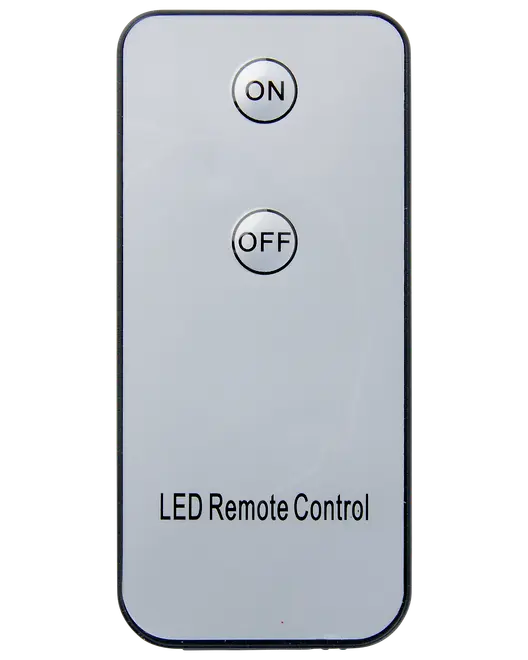 Rektangulær LED-fjernbetjening med to runde knapper mærket ON og OFF. Hvid overflade med sort tekst. Simpelt design til styring af LED-lys.