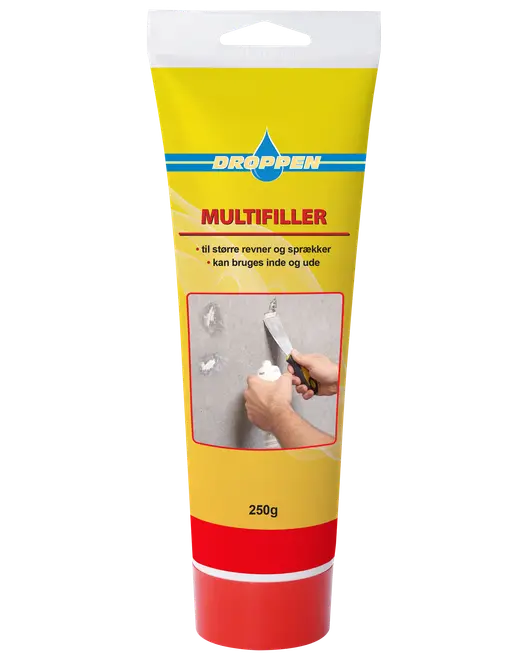 Droppen Multifiller, 250g tube, til reparation af større revner og sprækker. Kan bruges inde og ude. Gul emballage med billede af påføring og røde detaljer.
