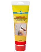 Droppen Multifiller, 250g tube, til reparation af større revner og sprækker. Kan bruges inde og ude. Gul emballage med billede af påføring og røde detaljer.