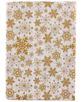 Vitt presentpapper med gyllene snöflingor och stjärnmönster i olika storlekar. Festlig och elegant design med slät yta, perfekt för presentinslagning.