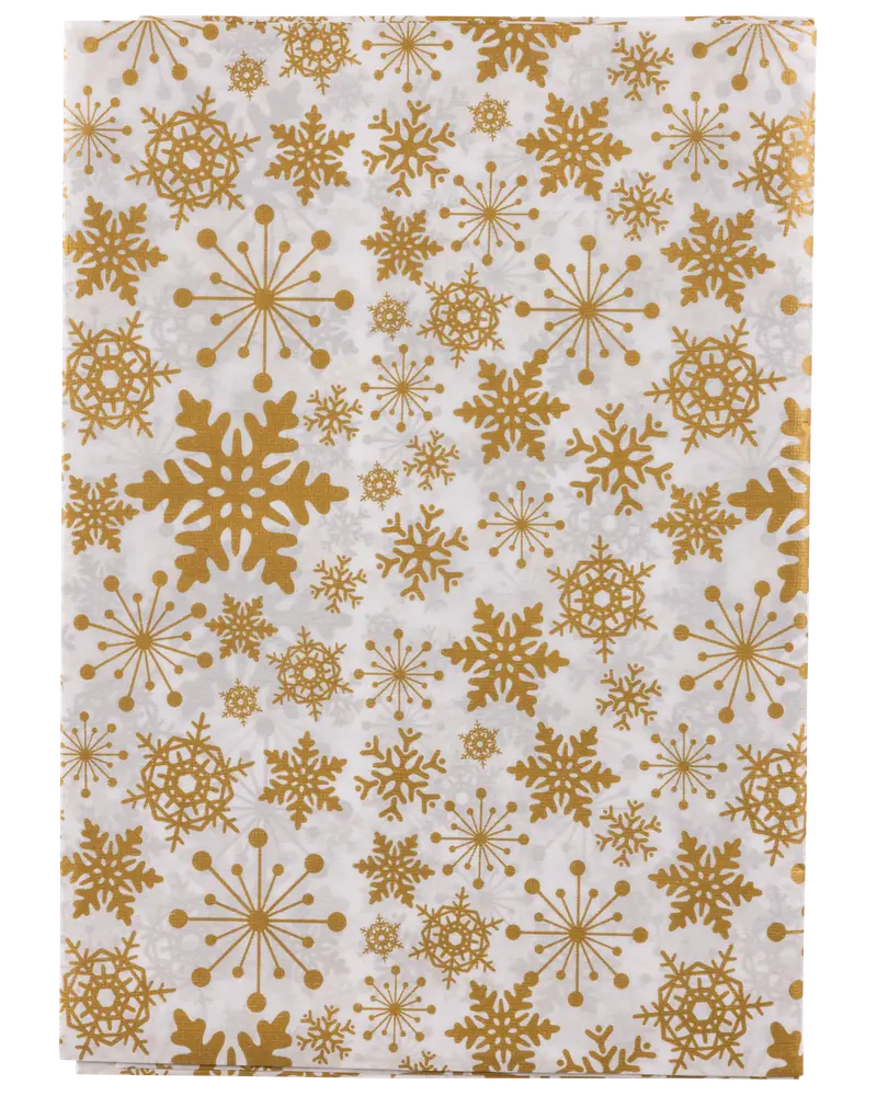 Vitt presentpapper med gyllene snöflingor och stjärnmönster i olika storlekar. Festlig och elegant design med slät yta, perfekt för presentinslagning.