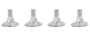 Sæt med fire justerbare metalfødder med gevind og brede runde baser. Sølvfarvet finish, sekskantet møtrik ved hver bolt. Til møbler eller udstyr.