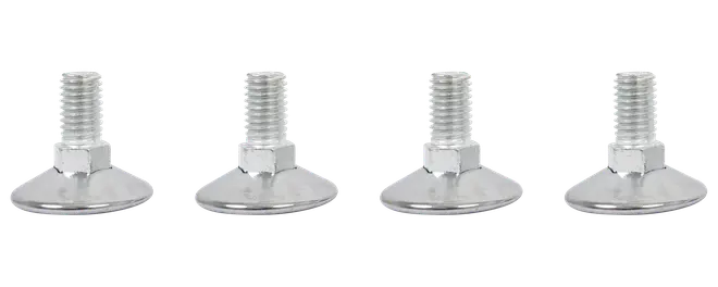 Sæt med fire justerbare metalfødder med gevind og brede runde baser. Sølvfarvet finish, sekskantet møtrik ved hver bolt. Til møbler eller udstyr.
