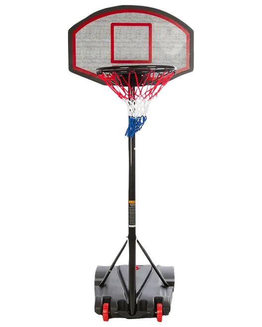 Transportabel basketballkurv med gennemsigtig bagplade, rød ring, flerfarvet net, sort justerbar stolpe og hjulbase.