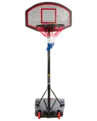 Transportabel basketballkurv med gennemsigtig bagplade, rød ring, flerfarvet net, sort justerbar stolpe og hjulbase.