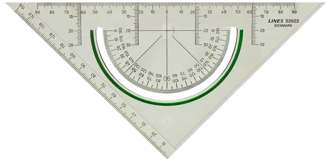 Gennemsigtig trekantet lineal med integreret gradskive, centimeter- og millimetermarkeringer samt vinkelmålinger. Velegnet til teknisk tegning og geometri. Mærke: Linex S6222 Danmark.