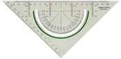 Gennemsigtig trekantet lineal med integreret gradskive, centimeter- og millimetermarkeringer samt vinkelmålinger. Velegnet til teknisk tegning og geometri. Mærke: Linex S6222 Danmark.