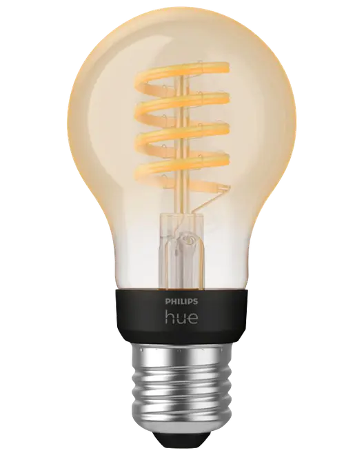 Philips Hue LED filamentpære med spiraldesign, E27 sokkel, klart glas, varm hvidt lys, smart home kompatibel, vintage stil, energieffektiv, velegnet til dekorativ belysning.