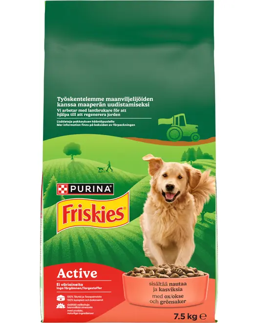 Purina Friskies Active 7,5 kg hundefoderpose med oksekød og grøntsager, med billede af en golden retriever og grøn, landbrugsinspireret emballage.