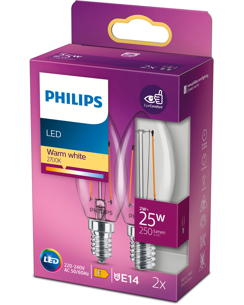 PHILIPS LED kronlampa 2W E14 2-pack