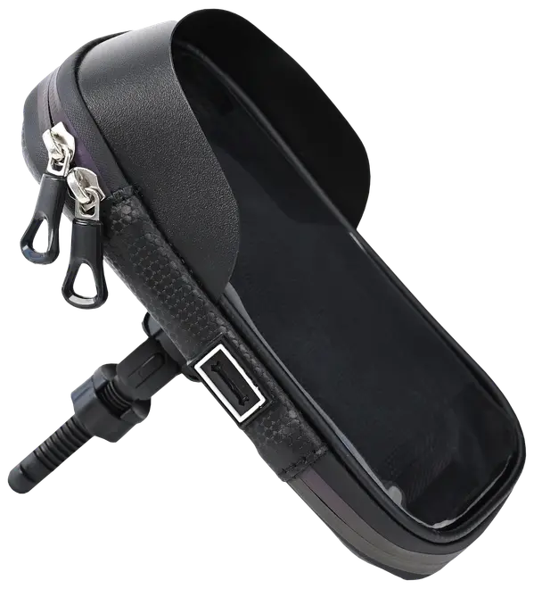 Sort hård cykeltaske til styr med dobbelte lynlåse, gennemsigtigt touch-vindue og justerbar monteringsrem. Har USB-port på siden til opladning under cykling.