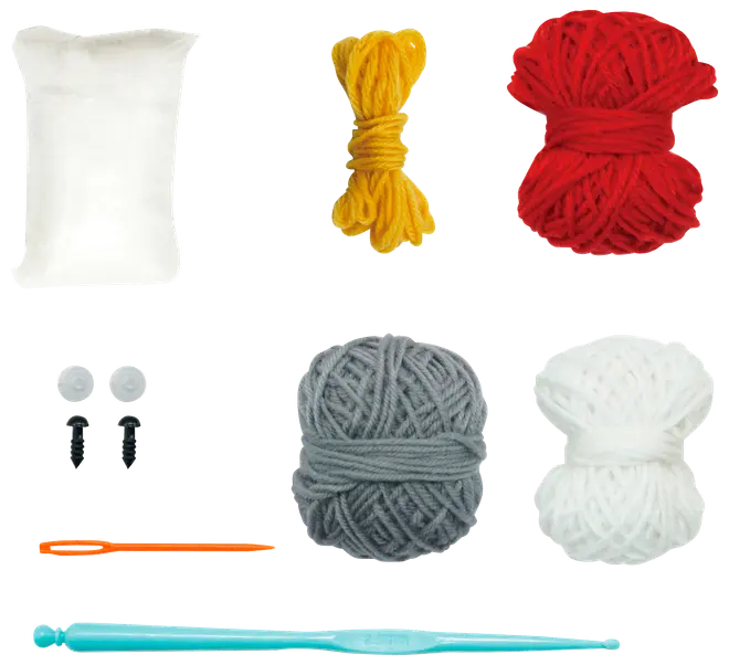 Virkpaket med rött, gult, grått och vitt garn, stoppning, säkerhetsögon, orange nål och blå virknål. Perfekt för små virkprojekt eller amigurumi.