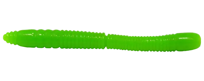 Lys grøn blød plastorm med rillet krop og tilspidsede ender, designet som fiskelokke.