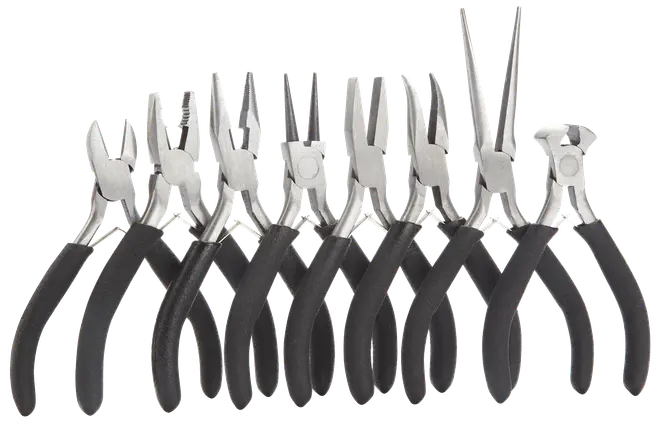Sæt med otte præcisions-tænger med sorte ergonomiske håndtag, forskellige kæbeformer til greb, klipning og bøjning. Velegnet til smykkefremstilling, elektronik og detaljeret håndarbejde.