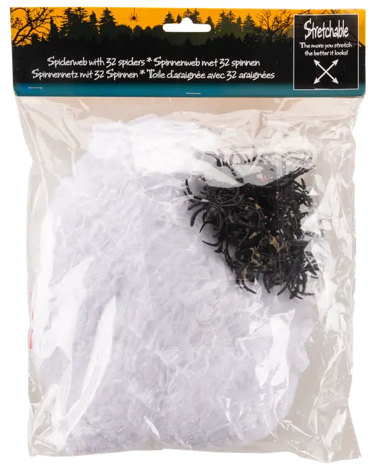 Töjbar vit spindelväv med 32 små svarta plastspindlar, förpackad i genomskinlig påse. Perfekt för Halloween eller festdekoration, enkel att använda.