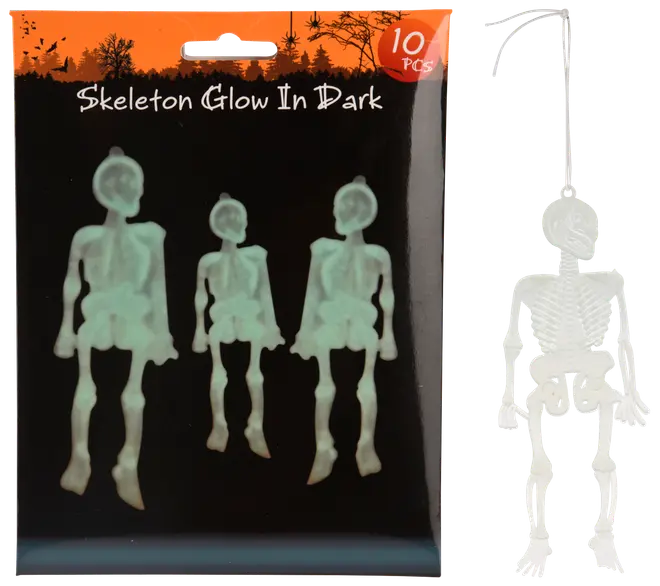 Pakke med 10 selvlysende plastik-skeletdekorationer, hver med bevægelige led og ophængsløkke, perfekte til Halloween eller uhyggelige temaarrangementer.
