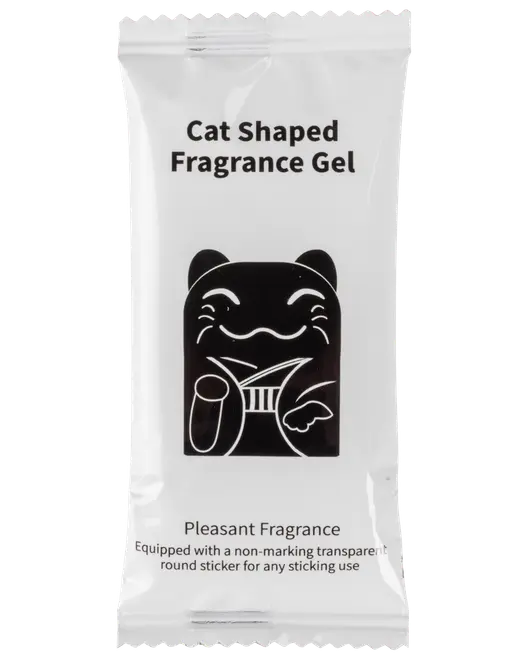Kat-formet duftgel i lukket pakke med sød katteillustration. Behagelig duft, inkluderer gennemsigtig rund klistermærke til nem placering. Perfekt til små rum.