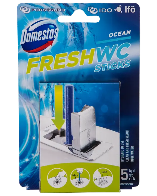 Förpackning med fem Domestos Fresh WC Sticks, Ocean-doft, för toalettcisterner. Ger hygienisk rengöring, fräsch doft och blått vatten. Enkel användning, instruktioner på förpackningen.