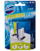 Pakke med fem Domestos Fresh WC Sticks, Ocean duft, til toiletcisterner. Giver hygiejnisk rengøring, frisk duft og blåt vand. Nem at bruge med instruktioner på emballagen.