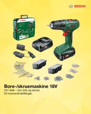 Bosch batteridrevet boremaskinesæt med 18V boremaskine, to batterier, oplader, kuffert, forskellige bor, skruer, rawlplugs og organiserede tilbehørsbokse. Perfekt til gør-det-selv opgaver.