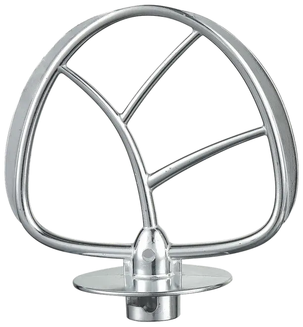 Platt visp i metall för köksmaskin, med brett triangulärt ramverk och tre tvärstag, perfekt för att blanda deg, smet och andra ingredienser effektivt.